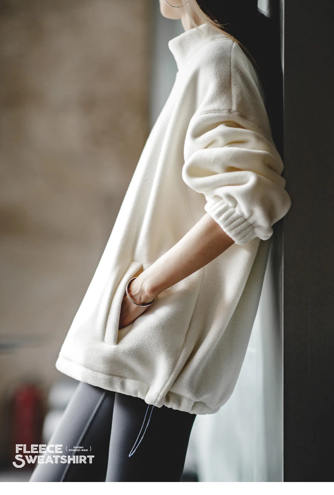Maden Women’s Fleece Sweatshirt 370gsm Stand Collar Oversized Loose Pullover Unisex Thick Warm Autumn Winter Basic Sweatshirt