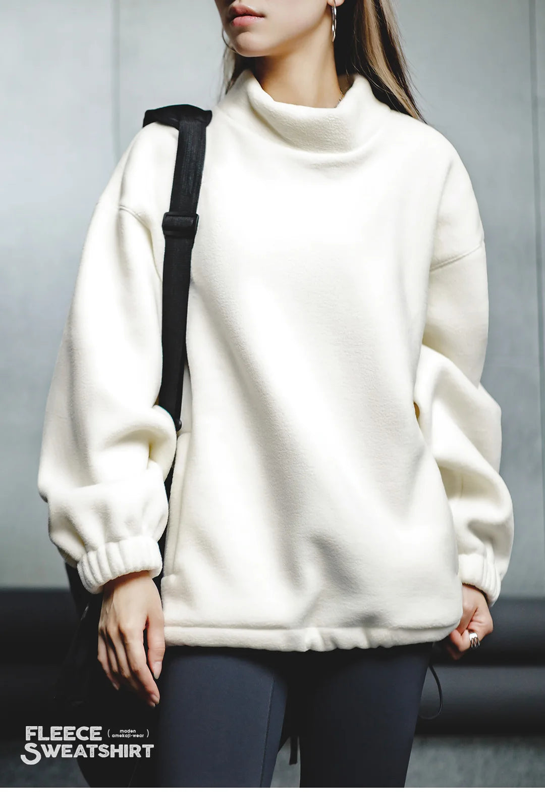 Maden Women’s Fleece Sweatshirt 370gsm Stand Collar Oversized Loose Pullover Unisex Thick Warm Autumn Winter Basic Sweatshirt