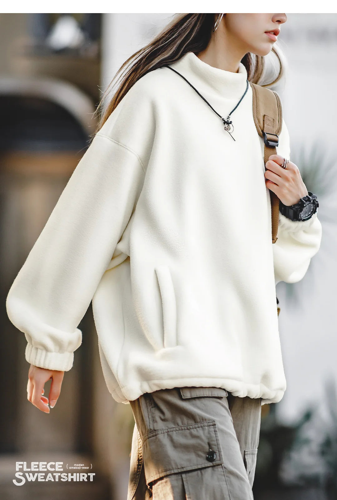 Maden Women’s Fleece Sweatshirt 370gsm Stand Collar Oversized Loose Pullover Unisex Thick Warm Autumn Winter Basic Sweatshirt