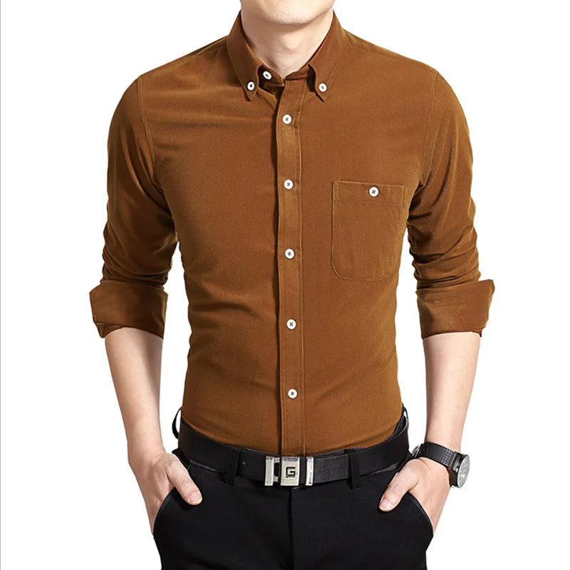 YiXin Shirts for Men Plus Size Casual Business Long Sleeve Shirts for Men High Quality Corduroy Formal Shirts for Men