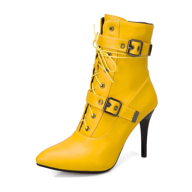 Boots Women Custom Autumn Winter High Heels Ankle Boots for Ladies Lace Up Pointed Toe botines mujer Pumps Botas Shoes WSH3683
