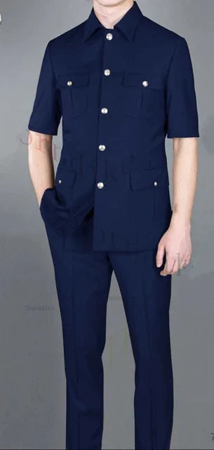 Short Sleeve Gold Button Slim Fit Party Coat Pant Suits Men Closure Collar Business Navy Blue Suits for Men MS579
