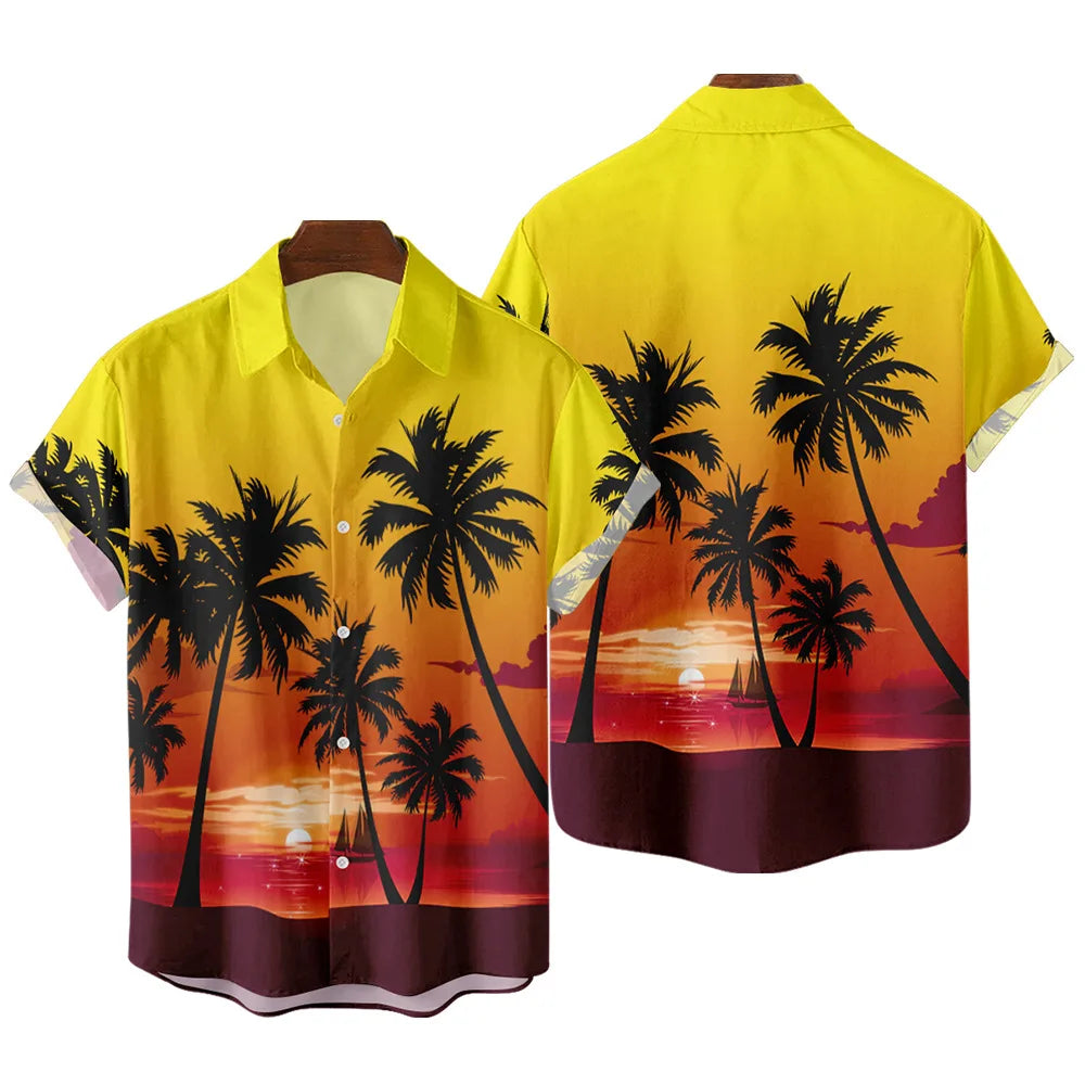Summer Fashion Coconut Tree Print Hawaiian Shirts for Women Men Loose Linen Short-Sleeved Beach Tops Street Casual Anti-Wrinkle