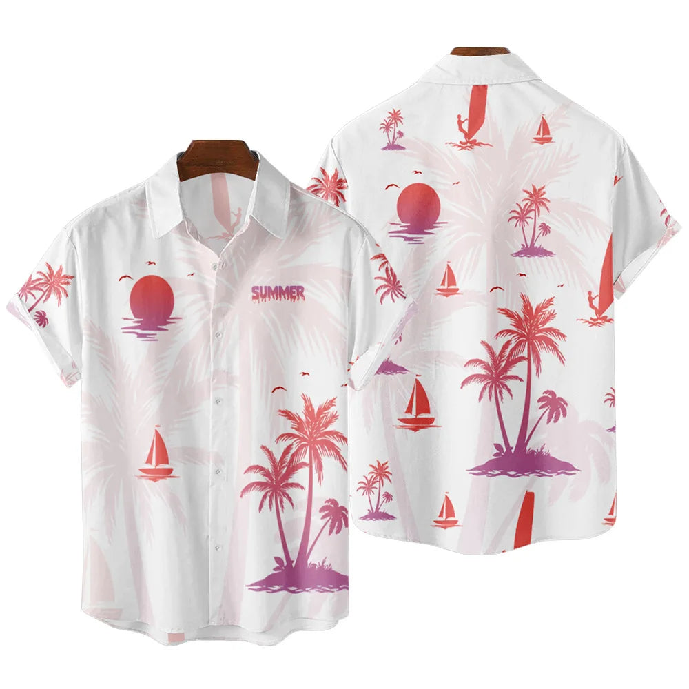 Summer Fashion Coconut Tree Print Hawaiian Shirts for Women Men Loose Linen Short-Sleeved Beach Tops Street Casual Anti-Wrinkle