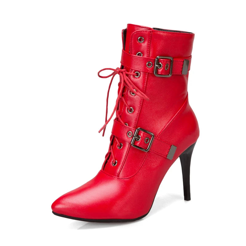 Boots Women Custom Autumn Winter High Heels Ankle Boots for Ladies Lace Up Pointed Toe botines mujer Pumps Botas Shoes WSH3683