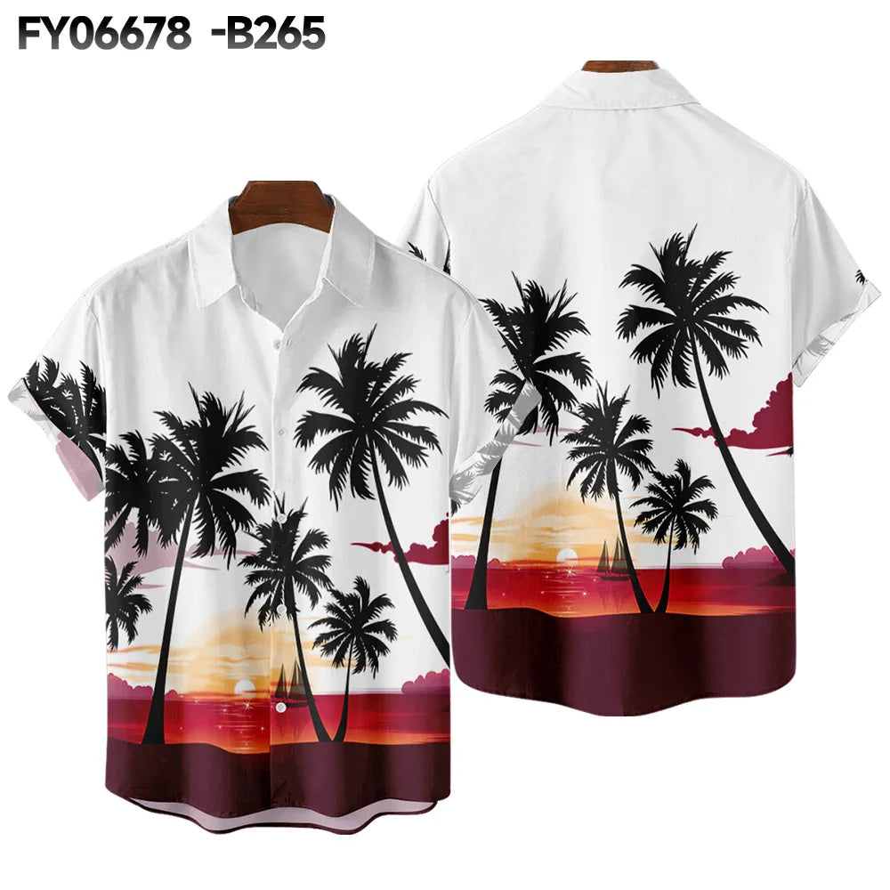 Summer Fashion Coconut Tree Print Hawaiian Shirts for Women Men Loose Linen Short-Sleeved Beach Tops Street Casual Anti-Wrinkle