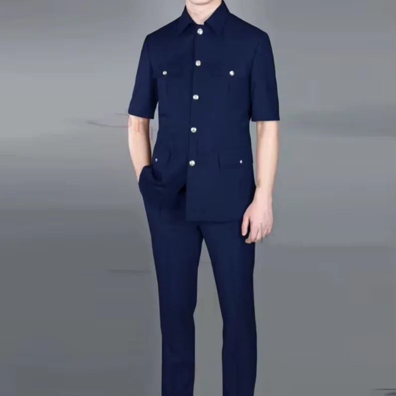 Short Sleeve Gold Button Slim Fit Party Coat Pant Suits Men Closure Collar Business Navy Blue Suits for Men MS579
