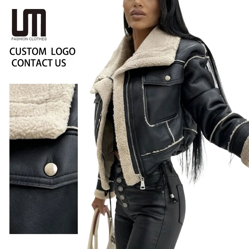 Custom Logo Hot Selling Products Winter Streetwear Women Casual Zipper Long Sleeve Fur Patchwork Jackets Coats