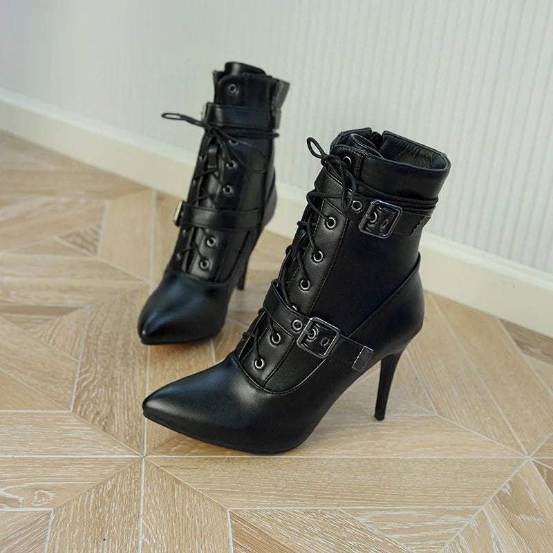 Boots Women Custom Autumn Winter High Heels Ankle Boots for Ladies Lace Up Pointed Toe botines mujer Pumps Botas Shoes WSH3683