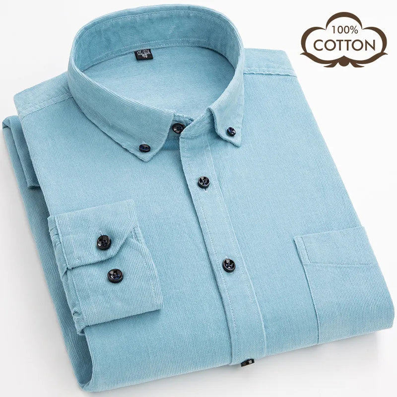 2021 Fashion Business 7XL Plus Size Shirts Male Corduroy  Cotton Shirts Long Sleeve Dress Shirts for Men