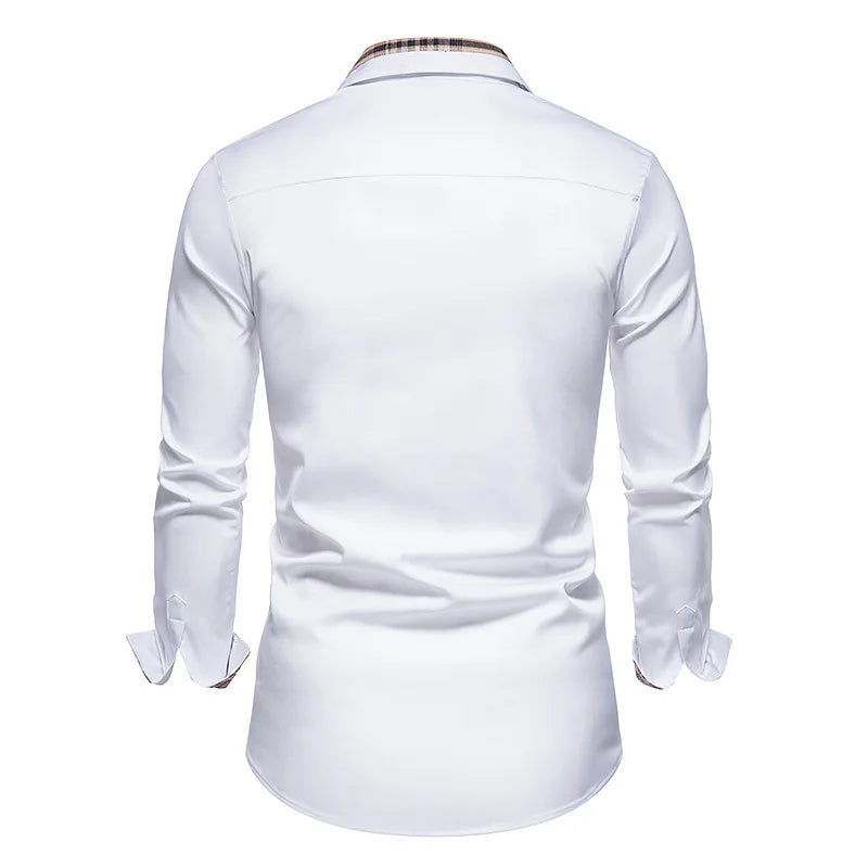 RNSHANGER Autumn Plaid Patchwork Formal Shirts for Men Slim Long Sleeve White Button up Shirt Dress Business Office Dress Shirts