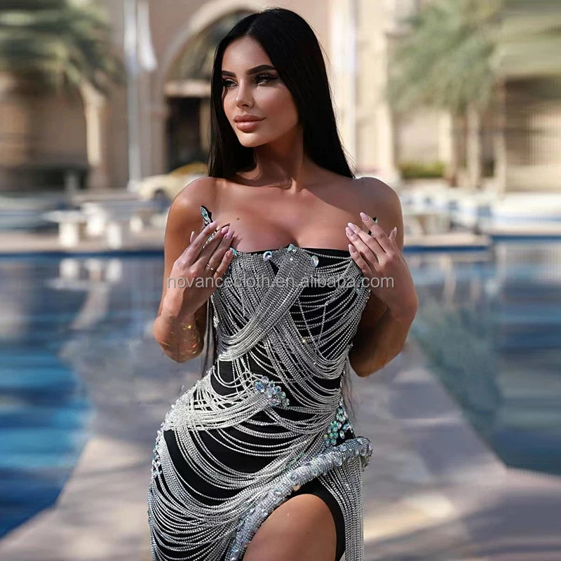 Novance Mini Dresses Women 2023 Bling Laser Diamond Fringed Dress Plus Size Women'S Clothing Romantic Vestidos Casuales Sexy