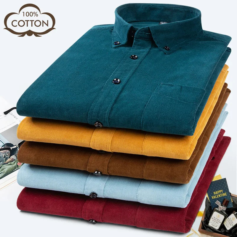 2021 Fashion Business 7XL Plus Size Shirts Male Corduroy  Cotton Shirts Long Sleeve Dress Shirts for Men