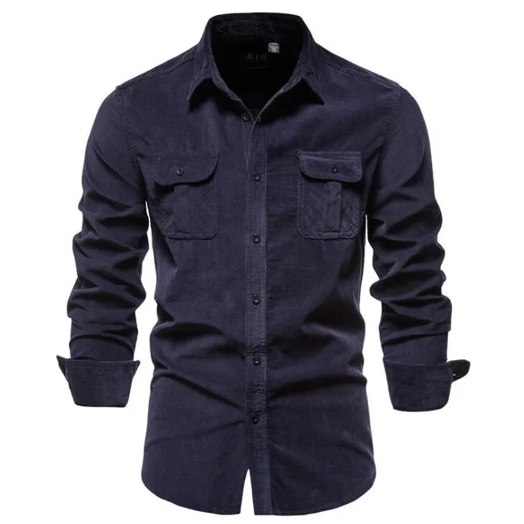 Fashion Shirt for Men Casual Corduroy Cotton  Lapel Solid Color Slim Fit Mens Shirt Custom Logo New Men Business Shirts