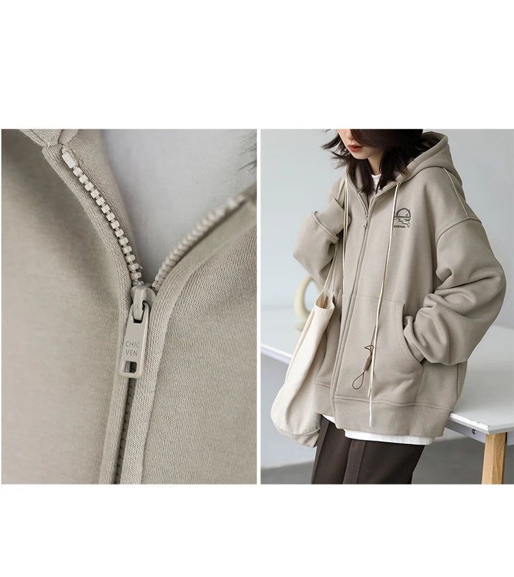 CHICVEN Women Sweatshirt Thick Warm Loose Long Sleeve Woman Hooded Coat Cotton Liner Thicken Female Autumn Winter 2022