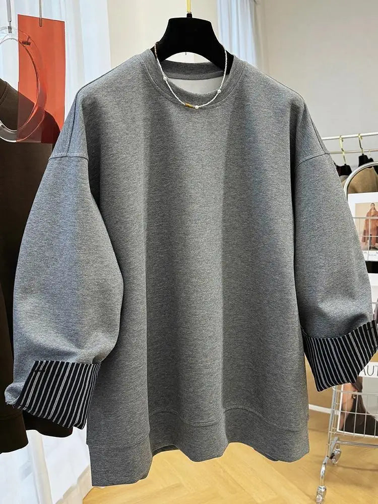Autumn and Winter Women's Pullover Round Neck Hoodie Lazy Style Splicing Design Fake Two Piece Loose Long Sleeve Tops