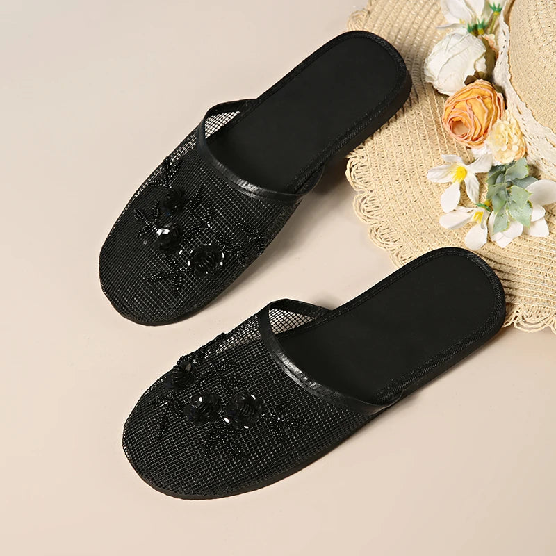 Shoes for Women 2025 Hot Sale Baotou Women's Slippers Fashion Crystal Floral Daily Slippers Women New Mesh Flat Slippers Zapatos