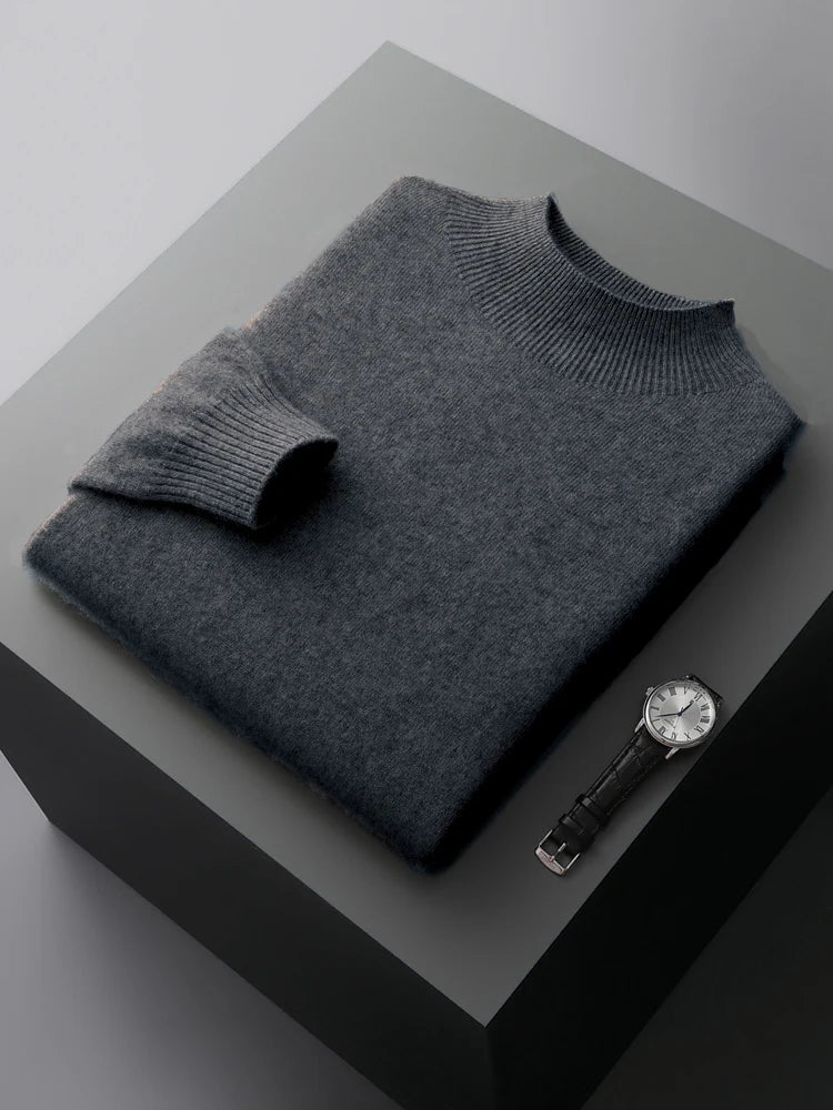 New Men's 100% Merino Wool Mock Neck Pullover Soft Warm Jumpers Quality Cashmere Sweater Casual Smart Knitwear Basic Tops Clothi