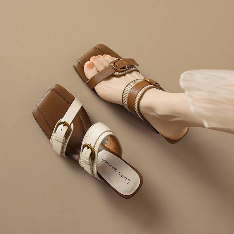 Vintage Braided Belt Buckle Open Toe Wedges Women's Summer New Square-toed High-heeled Slippers
