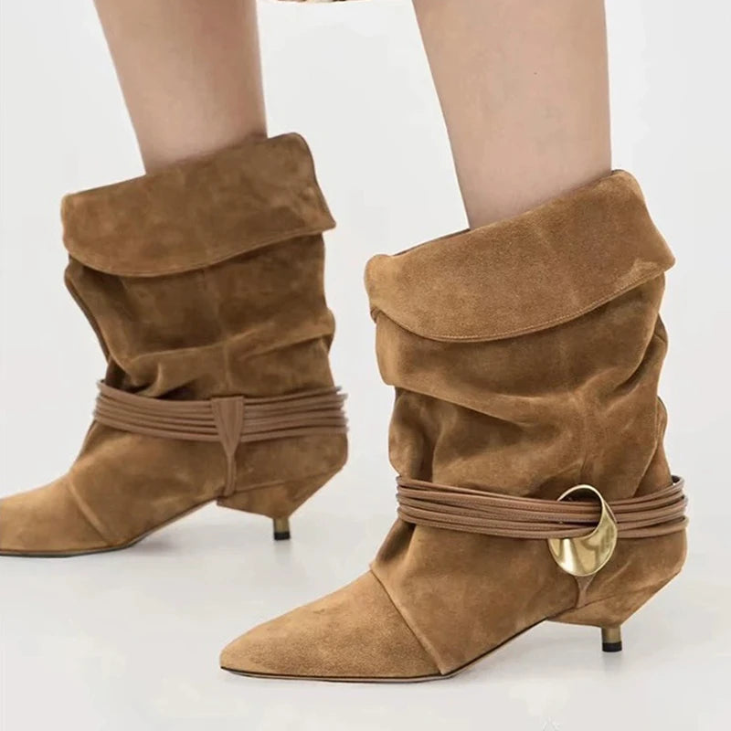 Liyke Fashion Design Fold Pleated Ankle Boots For Women Winter Street Vintage Pointed Toe Strange Low Heels Runway Shoes Brown