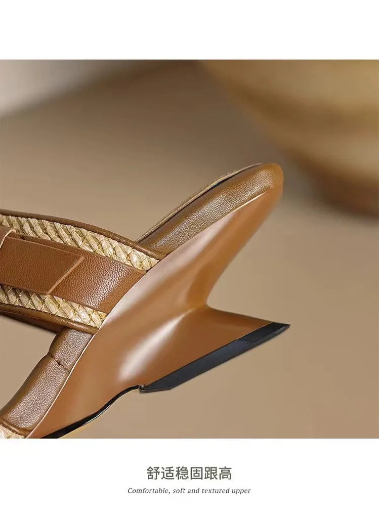 Vintage Braided Belt Buckle Open Toe Wedges Women's Summer New Square-toed High-heeled Slippers