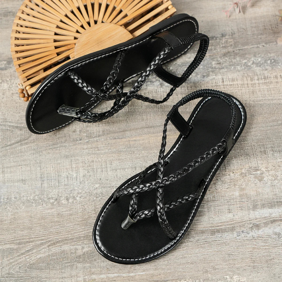 Women Sandals Ladies Braided Flat Clip Toe Summer Slippers Outside Lightweight Elastic Band Slides Women Fashion Woman Sandals