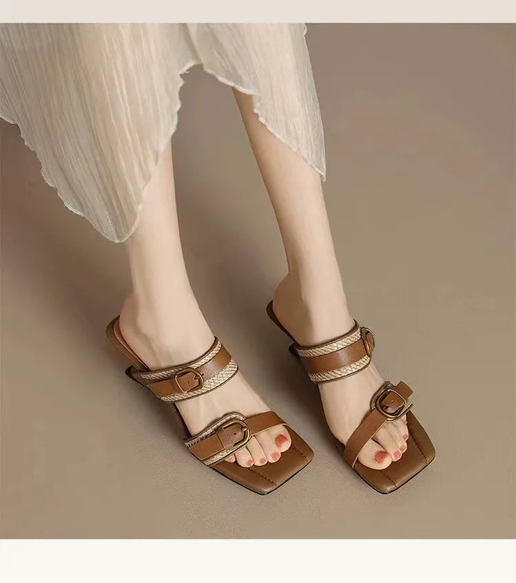 Vintage Braided Belt Buckle Open Toe Wedges Women's Summer New Square-toed High-heeled Slippers
