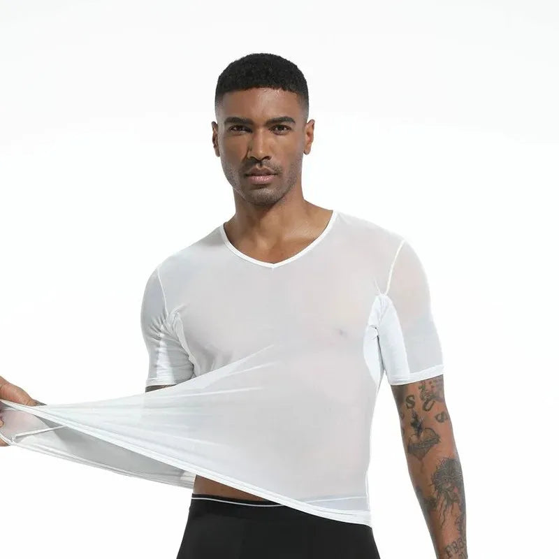 Men's Mesh Vest with Sweat Absorbent Pad Short Sleeve Sweatshirt Breathable Underarm Moisture Wicking Comfortable Innerwear