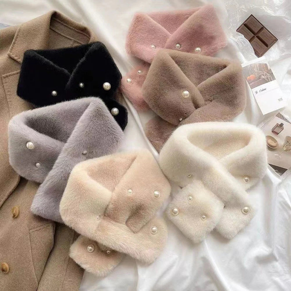 Women Winter Warm Thicken Cross Collar Scarf Solid Color Faux Rabbit Fur Cold Proof Scarves Fashion Soft Furry Neck Warmer