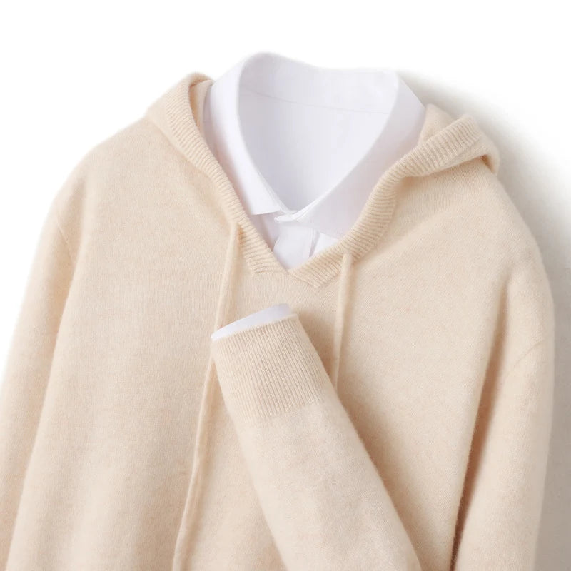 Fall/Winter 100% Pure Wool Men's Hooded Loose Thick Sweater Fashion Long Sleeve Casual Knit Top
