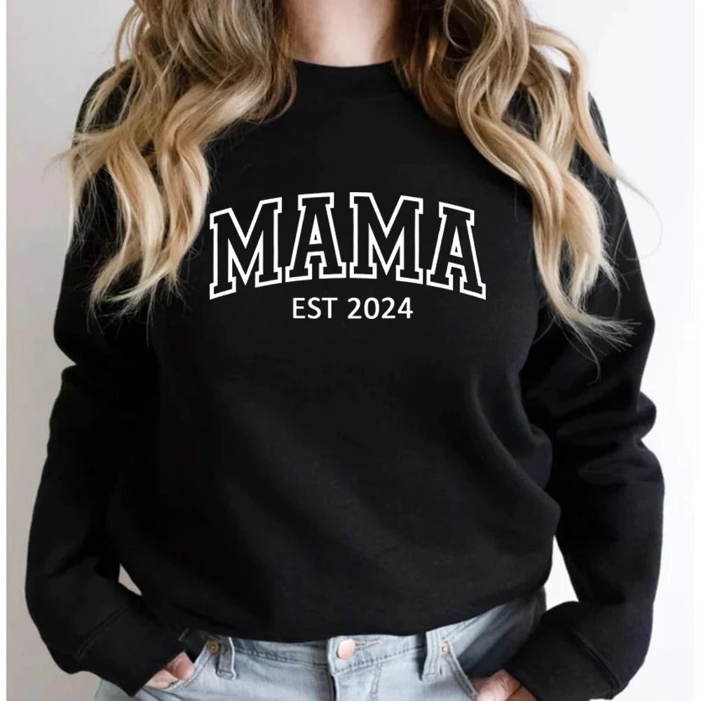 Mama Est 2024 Sweatshirt Mothers Day Gift Women Long Sleeve Crewneck Sweatshirts Personalized Hoodie New Mom Gift Mama Pullovers