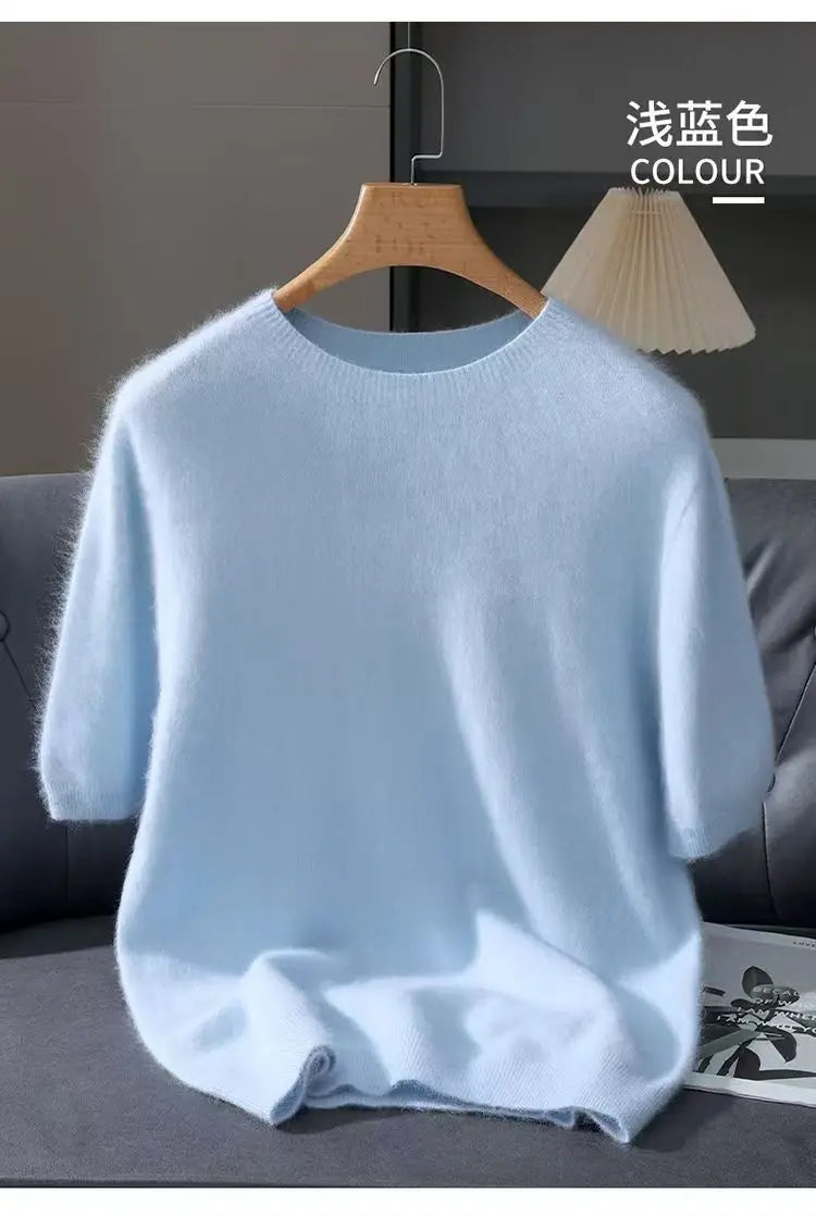 100% Mink Cashmere Knit Sweater Men's T-Shirt Spring Summer Loose O-Neck Solid Color Casual Business Base Pullover Short Sleeve
