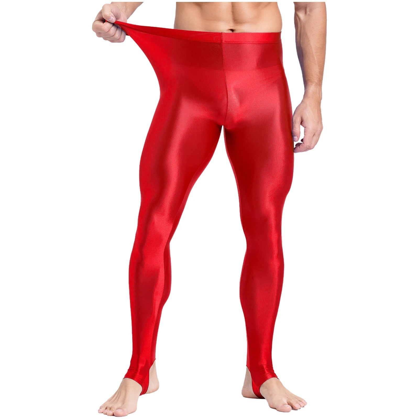 Mens Glossy Sports Pants Stirrup Leggings High Waist Elastic Waist Tights Gym Workout Pants Tummy Control Yoga Fitness Pants