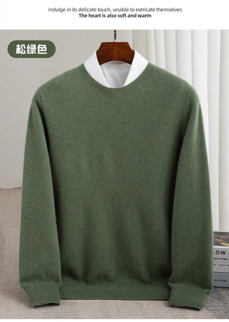 Autumn And Winter 100% Pure Wool Men's Thick Round Neck Slim-Fit  O-neck Pullover Long-Sleeved Knitted Cashmere Sweater