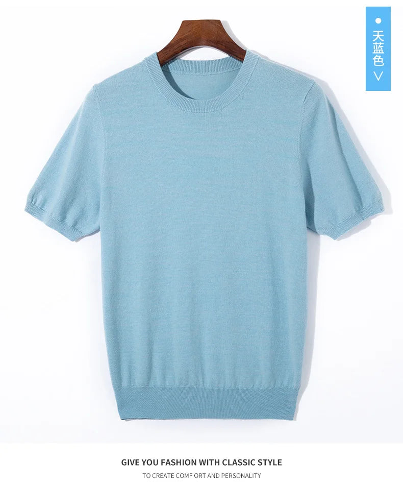 Summer Classic Short Sleeve Men Knitwear Silk Wool blend Sweater O-Neck Loose Cool Quality Business Pullover Basic Clothing Tops