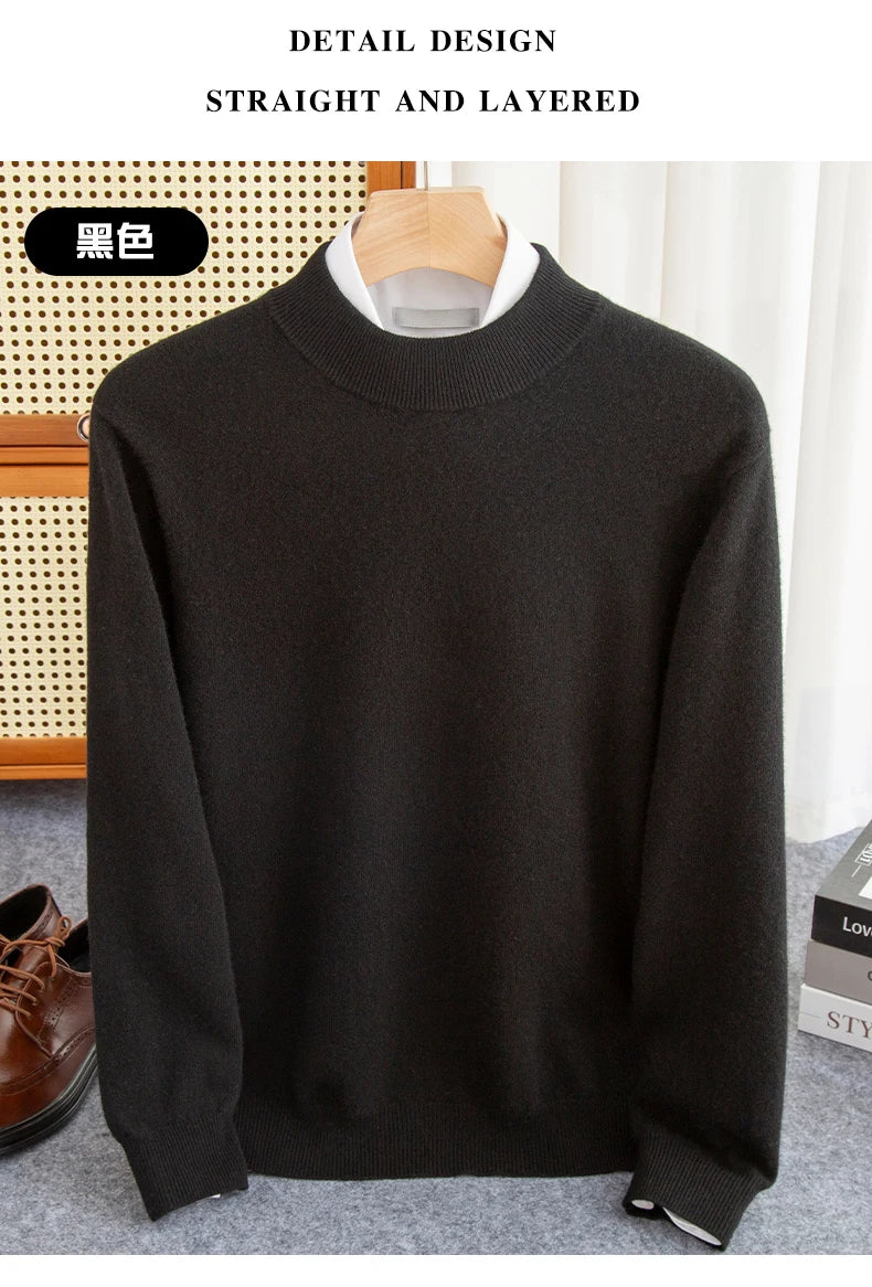 New Fashion Men's 100% Wool Pullover Half-high Collar Sweater Autumn Winter Warm Solid Color Knit Sweater Business Casual Top