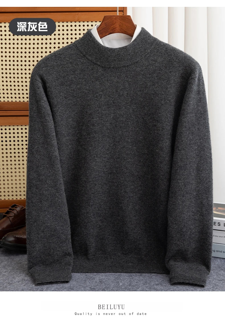 New Fashion Men's 100% Wool Pullover Half-high Collar Sweater Autumn Winter Warm Solid Color Knit Sweater Business Casual Top