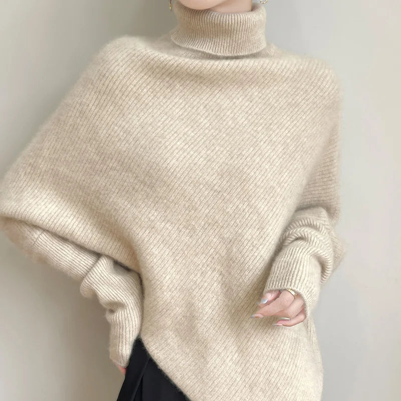 100% Merino Wool Autumn Winter Batwing Sleeves High Neck Pullover Long Sleeve Knitwear Trendy Stylish Warm Women Cashmere Top