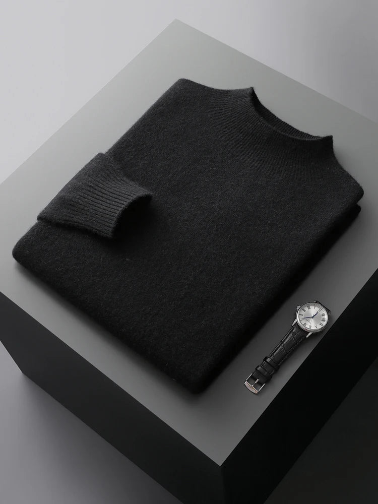 New Men's 100% Merino Wool Mock Neck Pullover Soft Warm Jumpers Quality Cashmere Sweater Casual Smart Knitwear Basic Tops Clothi