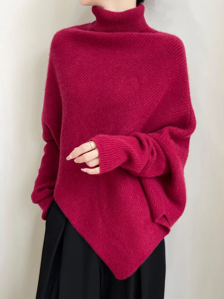100% Merino Wool Autumn Winter Batwing Sleeves High Neck Pullover Long Sleeve Knitwear Trendy Stylish Warm Women Cashmere Top