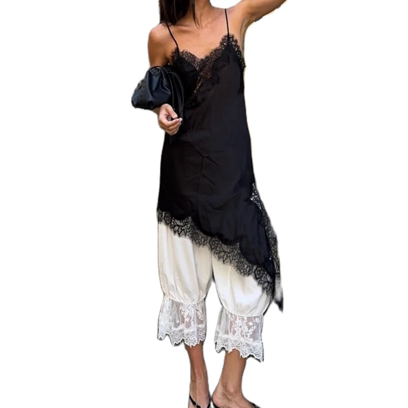 Combhasaki Women Floral Lace Trim Satin High Low Vest Silk Spaghetti Strap Side Split Asymmetrical Cami Flowy Silky Layering Top