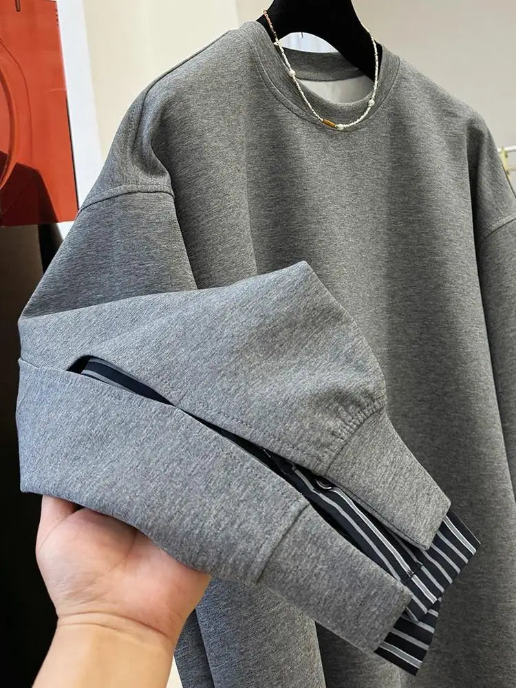 Autumn and Winter Women's Pullover Round Neck Hoodie Lazy Style Splicing Design Fake Two Piece Loose Long Sleeve Tops