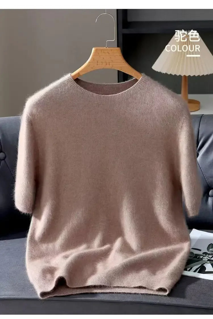 100% Mink Cashmere Knit Sweater Men's T-Shirt Spring Summer Loose O-Neck Solid Color Casual Business Base Pullover Short Sleeve