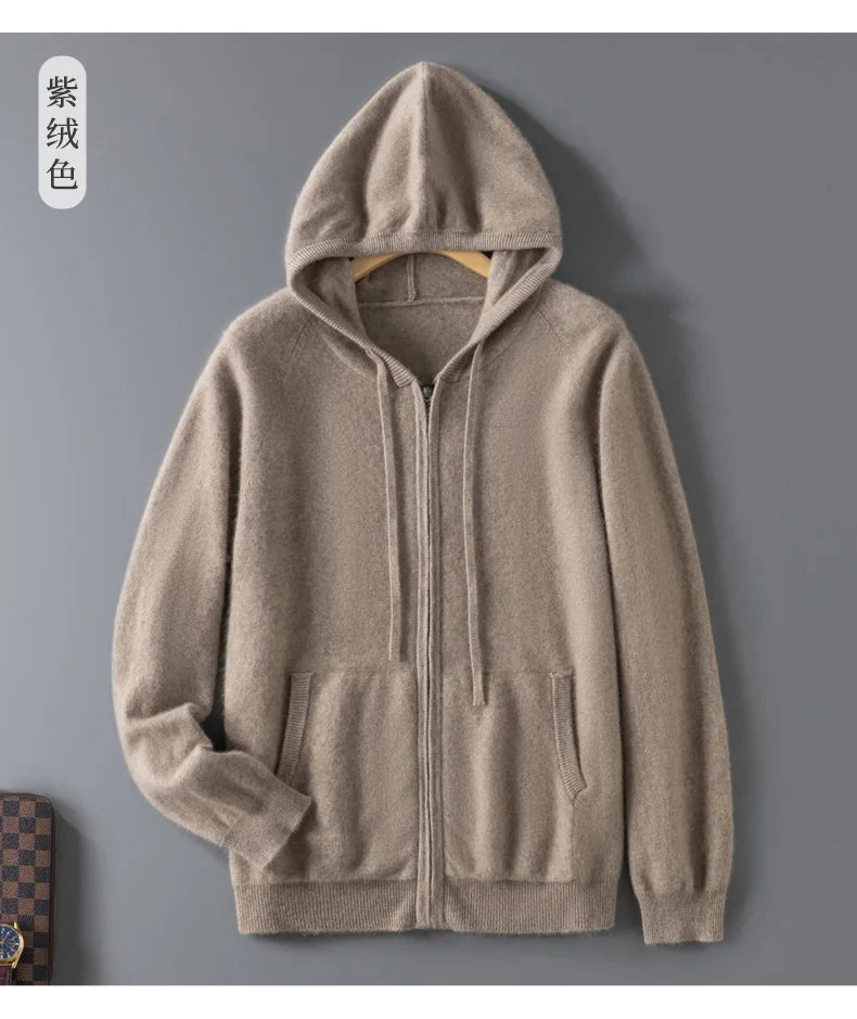 DjzDsm Autumn and Winter100% Merino Wool Men's Knitted Top Zipper Hoodie Zipper Cardigan Knitted Coat Sweater Hoodie