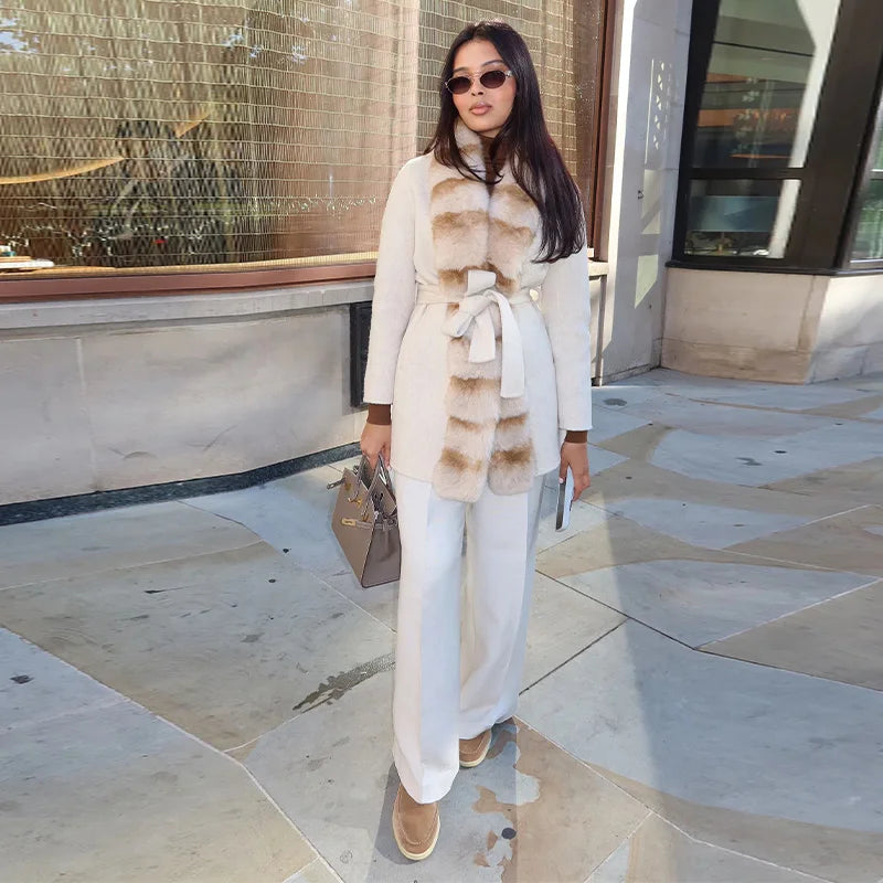 Elegant Shawl Faux Fur Women Coat Lace Up Full Sleeve Belted Waist Lapel Woolen Female Jacket 2025 Autumn Winter Lady Outwears