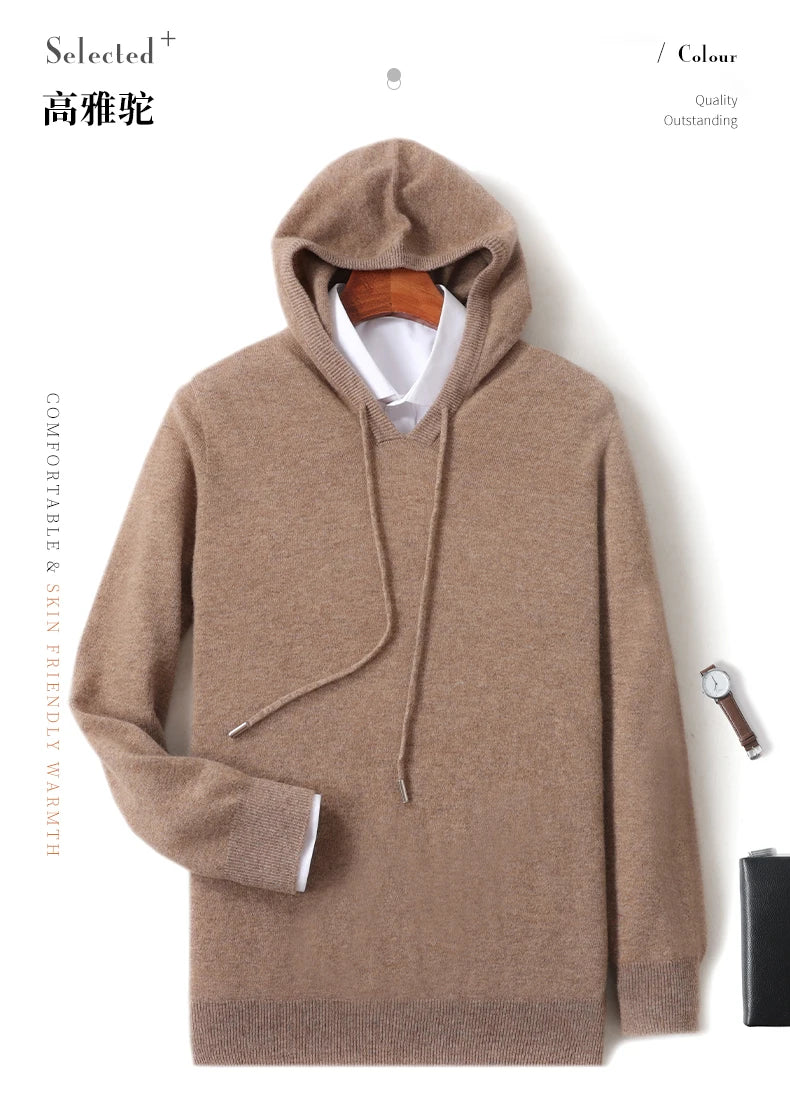 Fall/Winter 100% Pure Wool Men's Hooded Loose Thick Sweater Fashion Long Sleeve Casual Knit Top