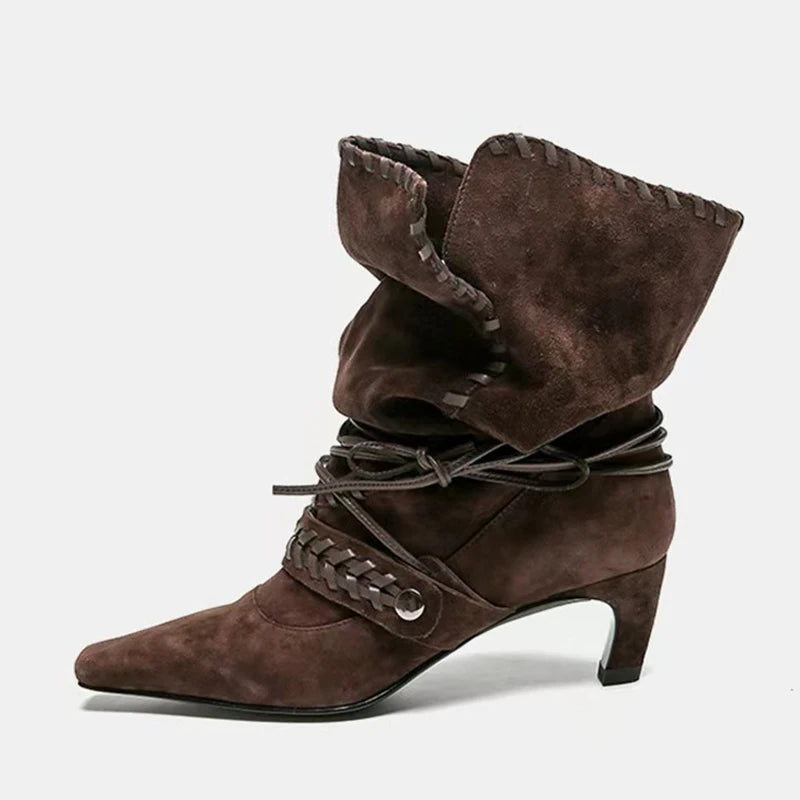 Liyke Autumn Winter Brown Suede Weave Lace-up Women Fold Pleated Ankle Boots Fashion Thin Low Heels Chelsea Western Ladies Shoes