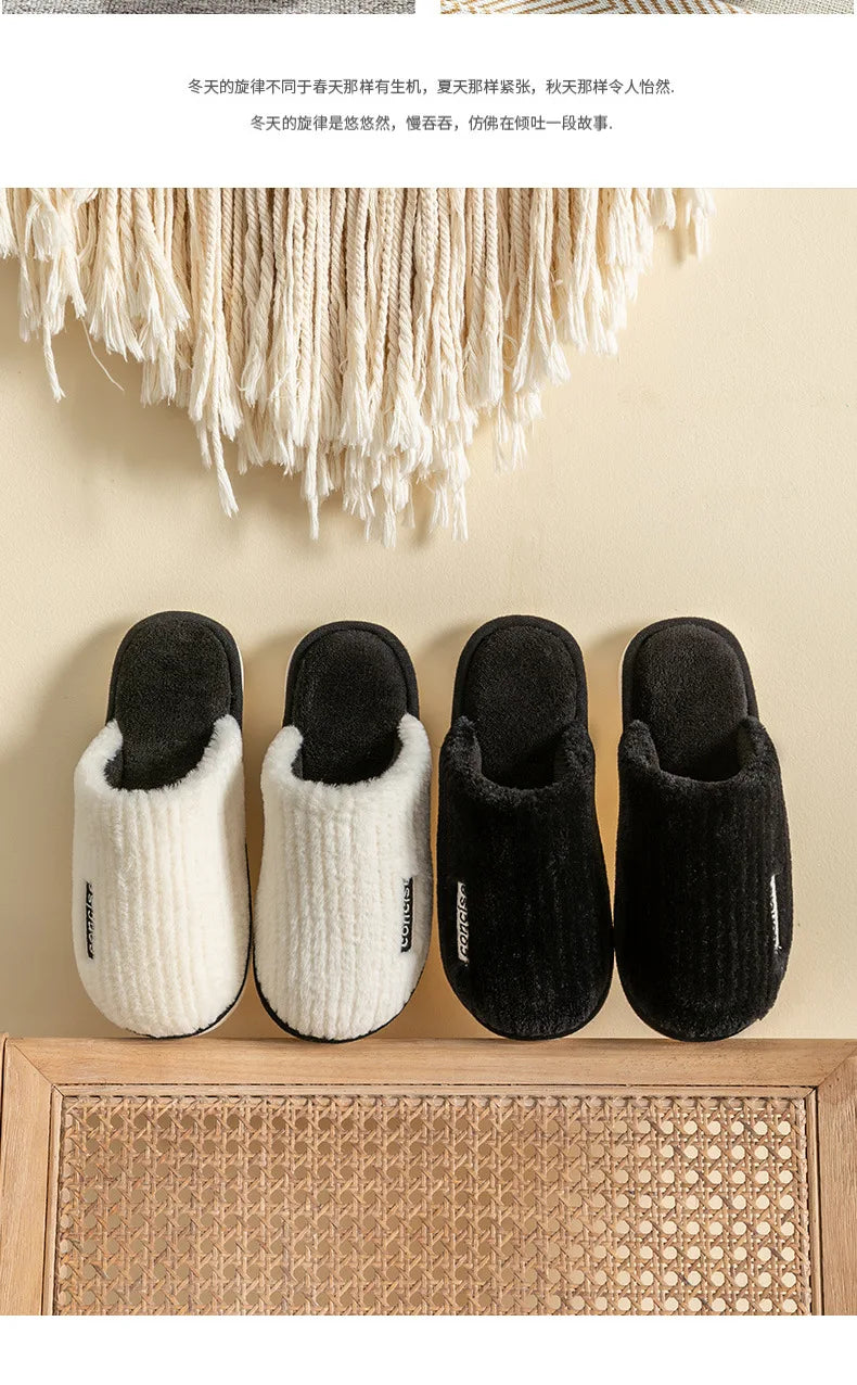 Indoor Slippers Women Men Autumn Winter Thick Sole House Warm Fur Shoes Couples Home Non-Slip Large Size Men'S Cotton Slippers