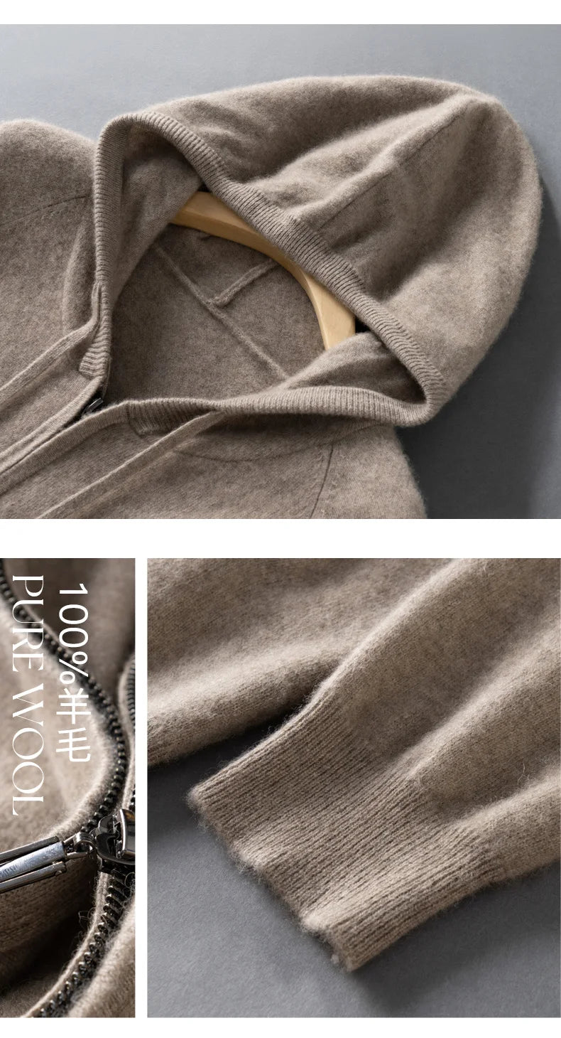 DjzDsm Autumn and Winter100% Merino Wool Men's Knitted Top Zipper Hoodie Zipper Cardigan Knitted Coat Sweater Hoodie