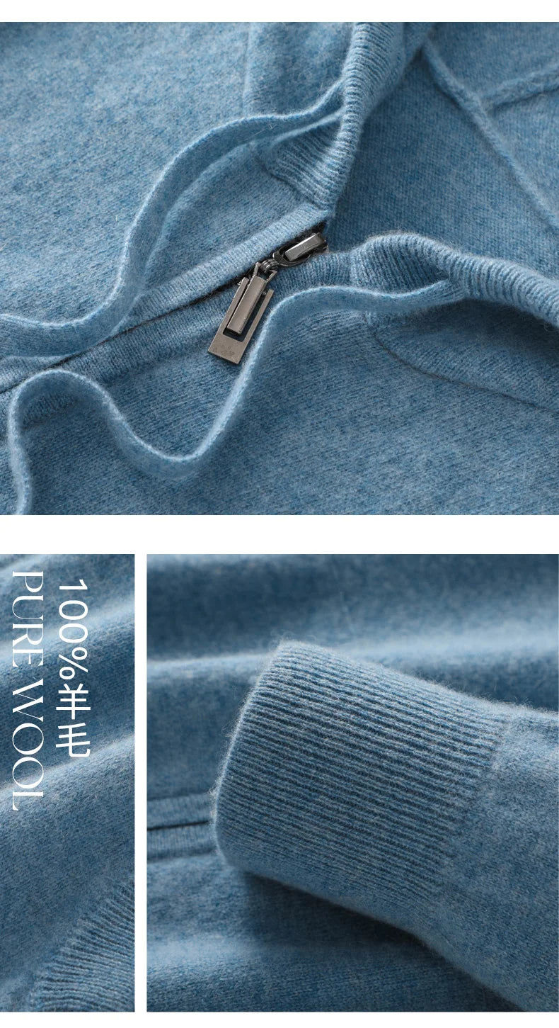 DjzDsm Autumn and Winter100% Merino Wool Men's Knitted Top Zipper Hoodie Zipper Cardigan Knitted Coat Sweater Hoodie